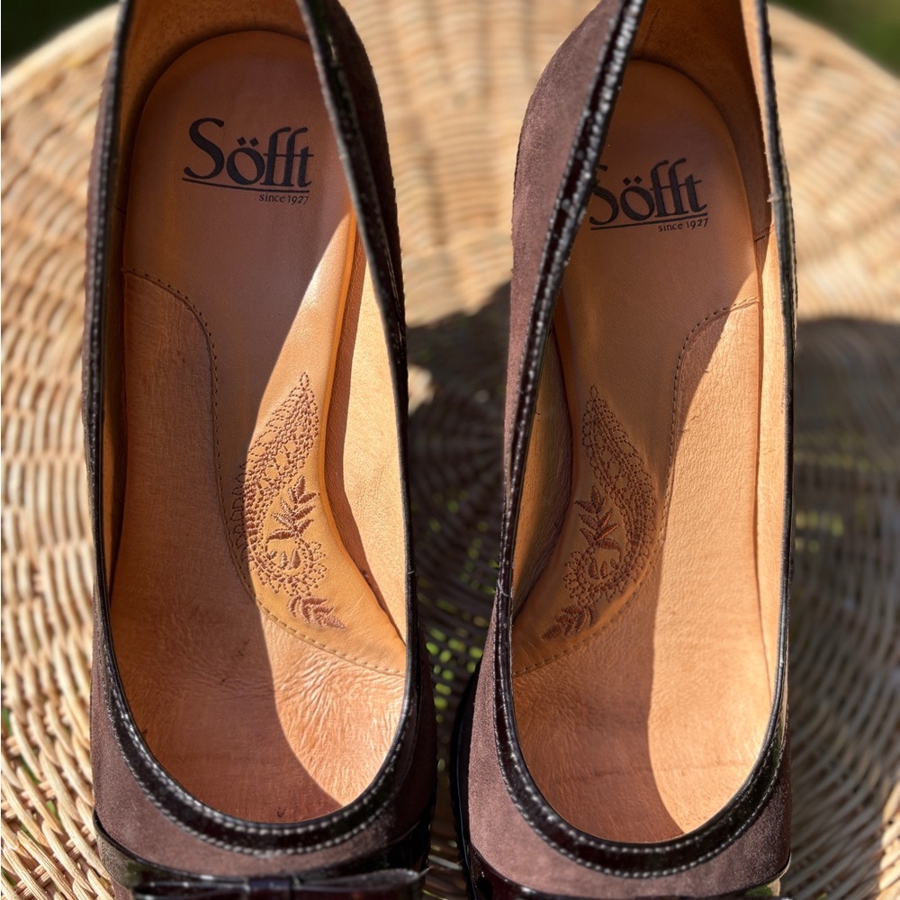 Sofft Brown Suede Peep Toe Gabby Heels~Wms 9 Medium - Picture 5 of 8
